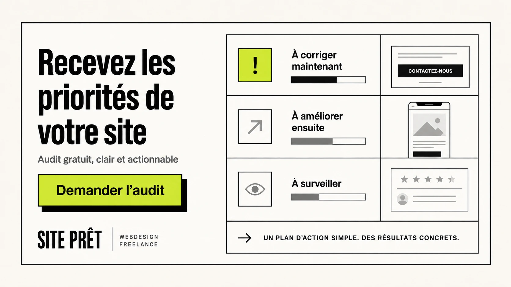 Audit gratuit Site Prêt avec priorités d'amélioration pour un site web