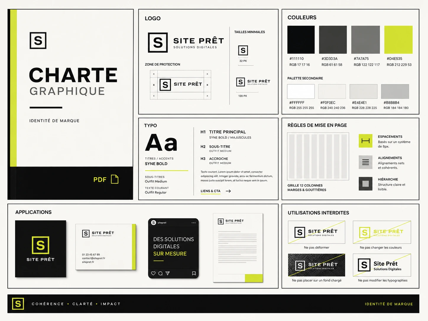 Charte graphique complète pour création identité visuelle avec logo, couleurs, typographies, règles d'usage et guide PDF.