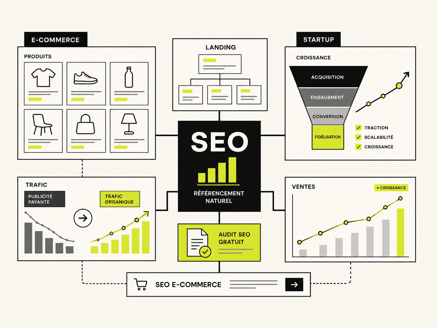 Consultant SEO freelance pour e-commerce et startups avec optimisation fiches produits, catégories, landing pages et trafic organique.