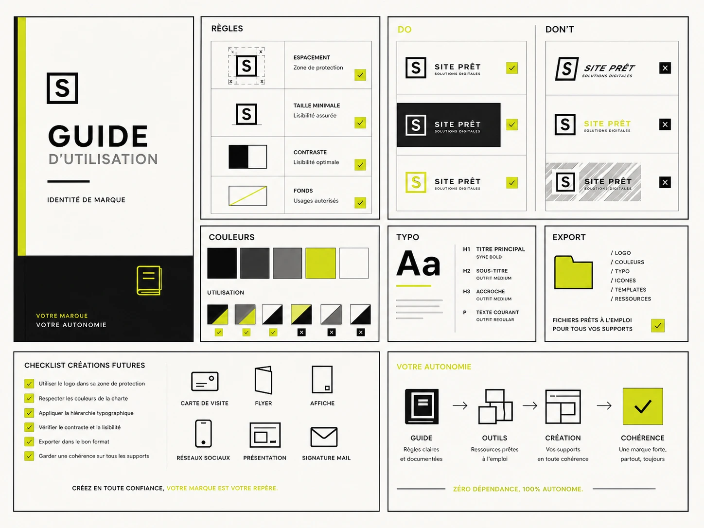 Guide d'utilisation pour identité visuelle de marque avec règles logo, couleurs, typographies et autonomie sur les futurs supports.