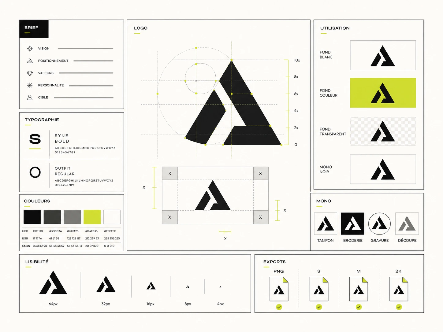 Création de logo sur mesure par graphiste freelance, avec construction graphique, typographies, couleurs, déclinaisons et exports PNG prêts à l’emploi.