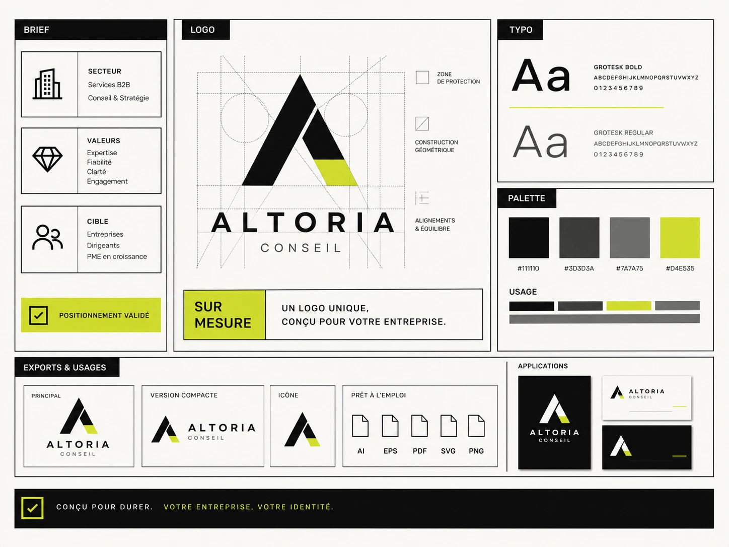Logo pour une entreprise conçu sur mesure à partir d'un brief avec typographie, palette de couleurs et identité professionnelle.