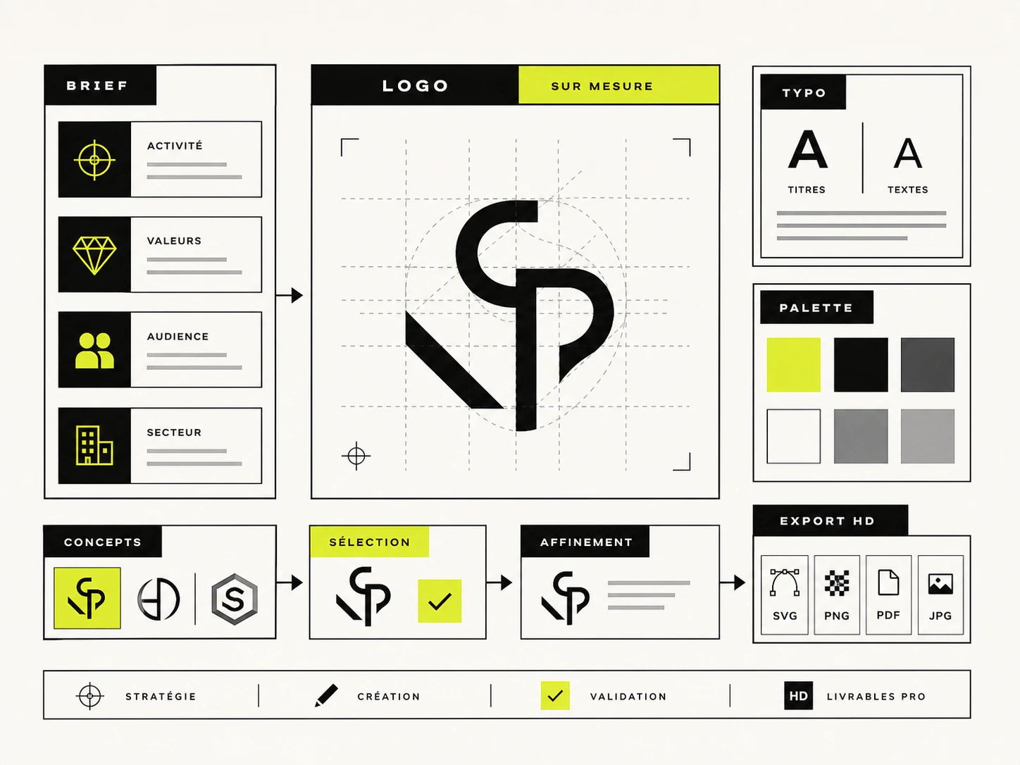 Logo sur mesure pour création identité visuelle avec brief, valeurs, typographie, palette de couleurs et déclinaisons.