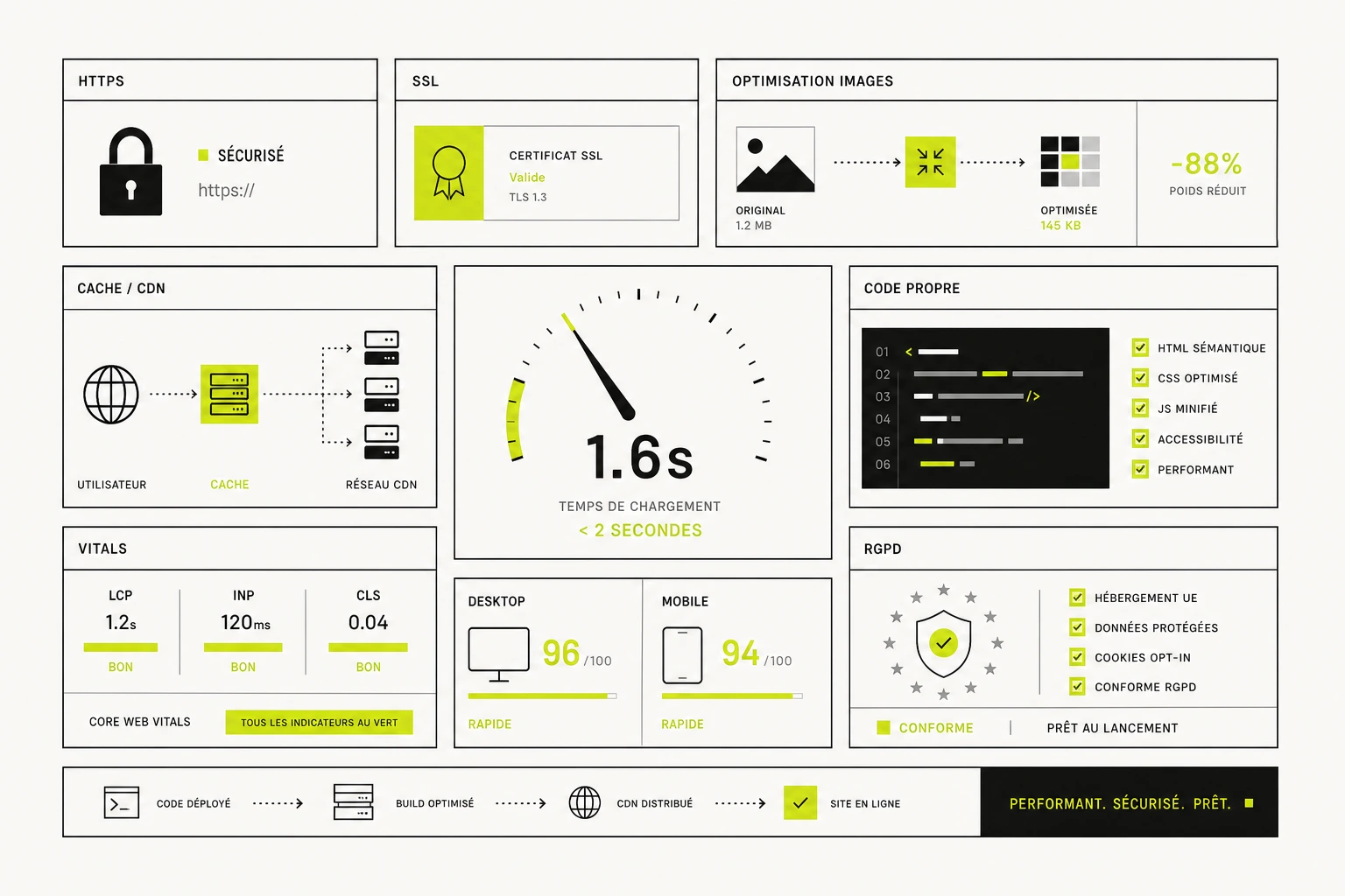 Performance et sécurité incluses pour site internet professionnel avec HTTPS, cache, images optimisées, Core Web Vitals et conformité RGPD.