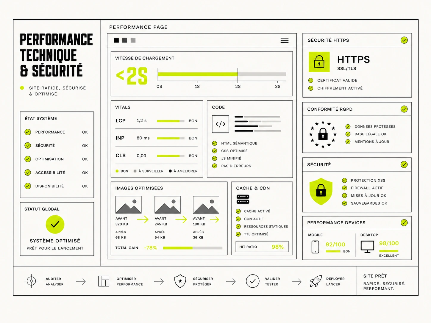 Performance technique et sécurité pour site vitrine professionnel avec chargement rapide, Core Web Vitals optimisés, HTTPS, RGPD et cache CDN.