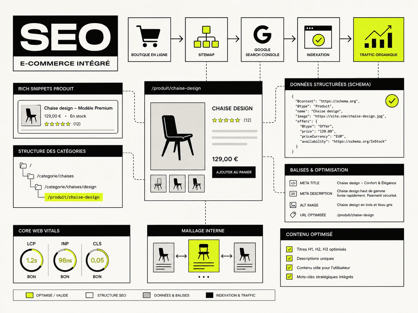 Référencement site e-commerce intégré à la création site e-commerce avec schema produit, balises meta, sitemap et Core Web Vitals.
