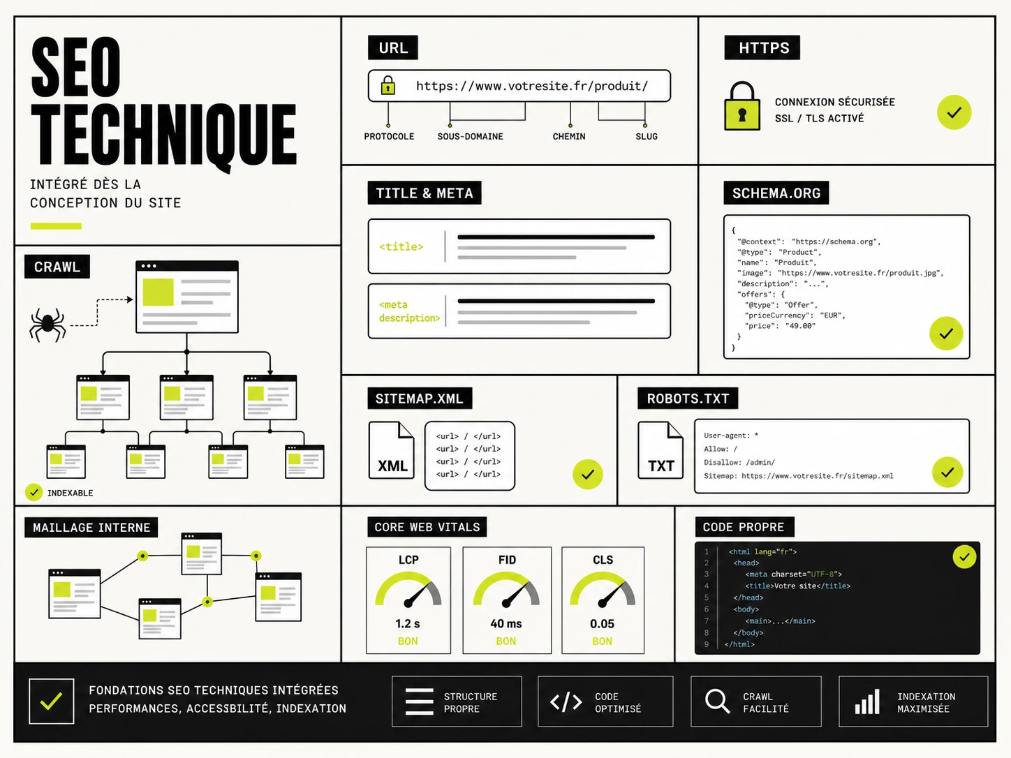SEO technique intégré dès la conception avec crawl, URLs, balises meta, schema.org, sitemap, HTTPS et Core Web Vitals optimisés.