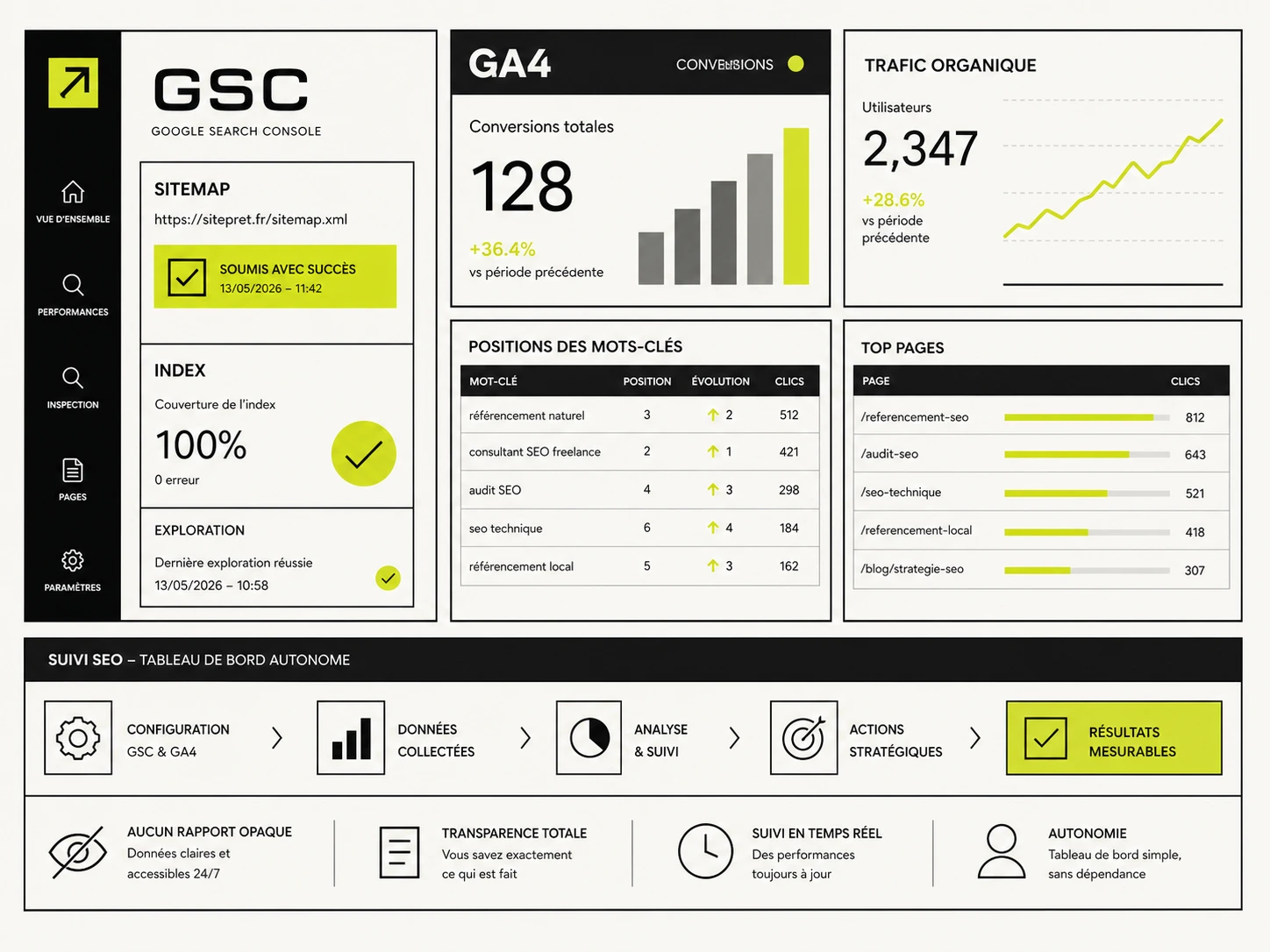 Suivi SEO avec Google Search Console, GA4, sitemap soumis, indexation vérifiée, positions mots-clés et conversions organiques.