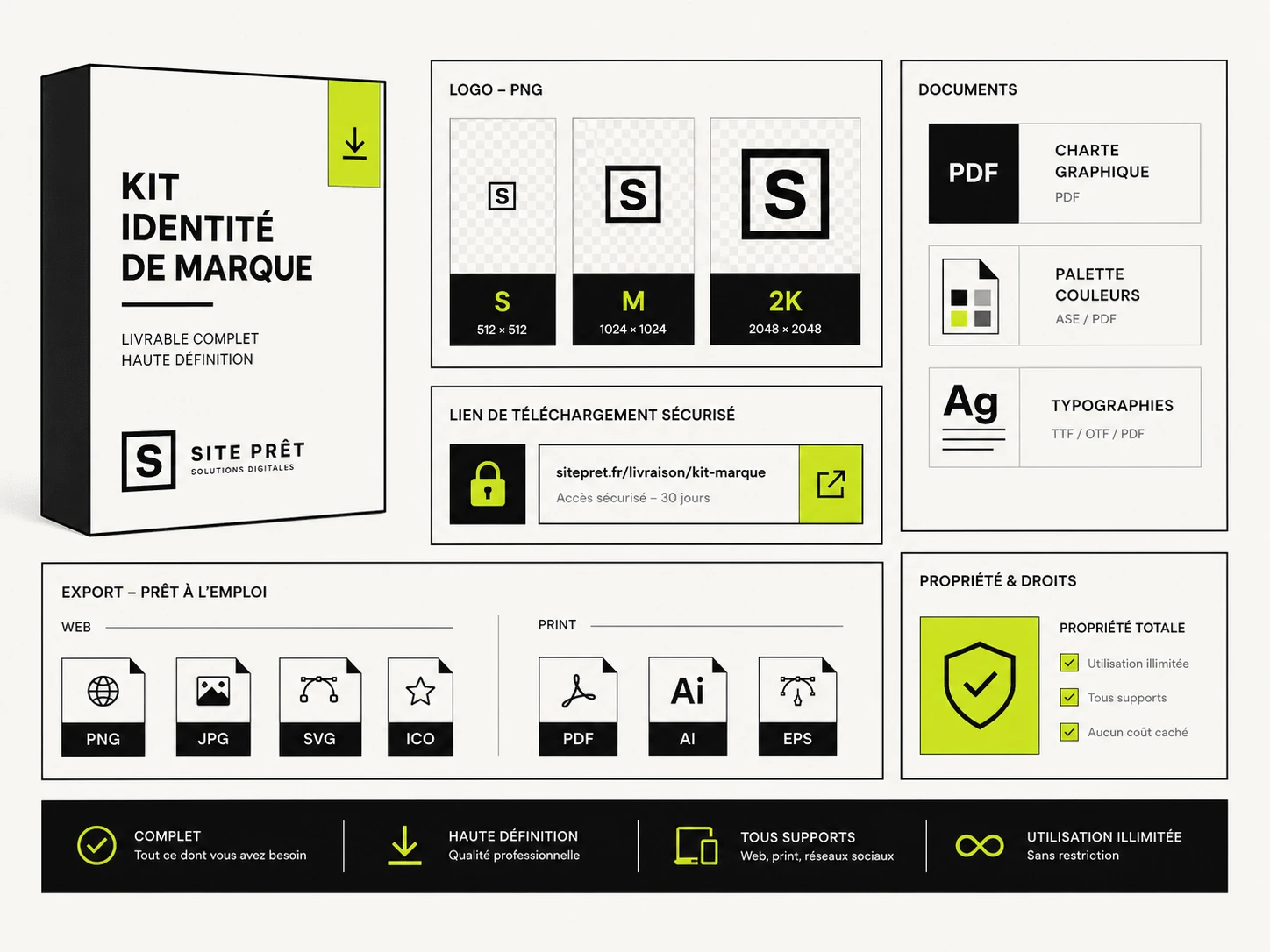 Kit de Marque haute définition pour identité de marque avec logo PNG, charte graphique PDF, palette, typographies et propriété totale.