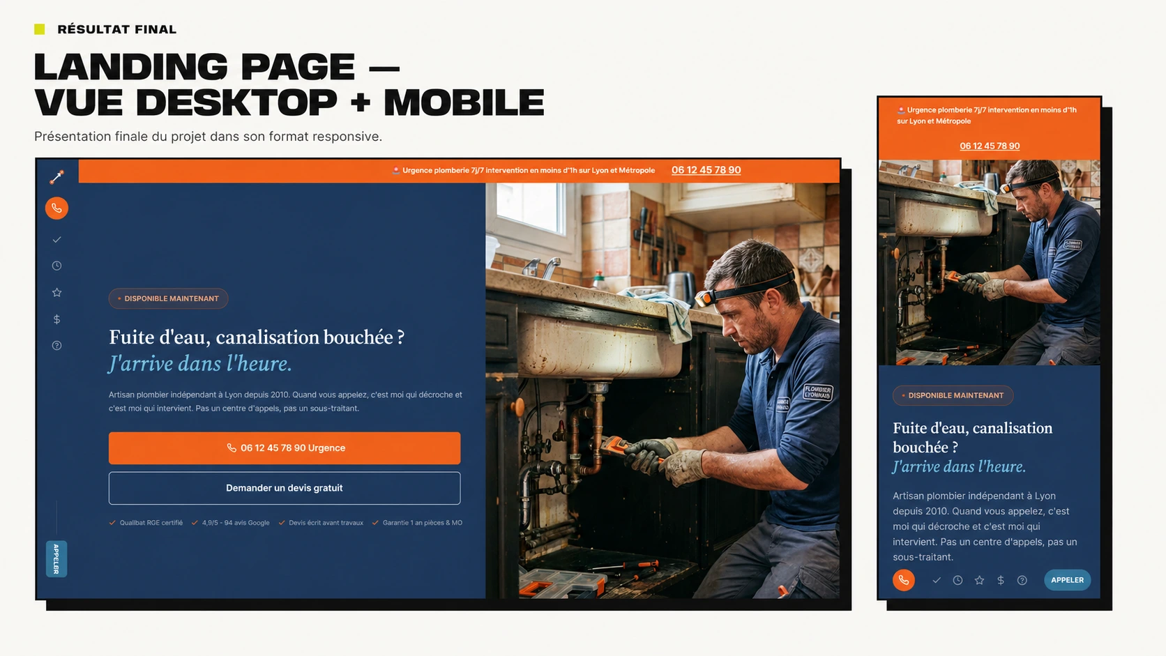 Comparaison de la landing page plomberie en version ordinateur et mobile
