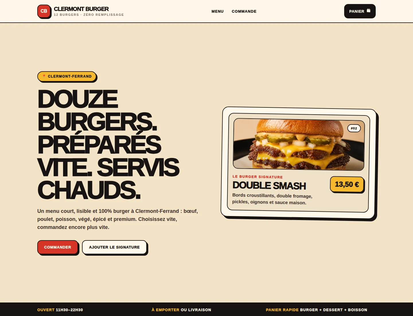 Premier écran desktop du site Clermont Burger House avec promesse, photo produit et bouton de commande.