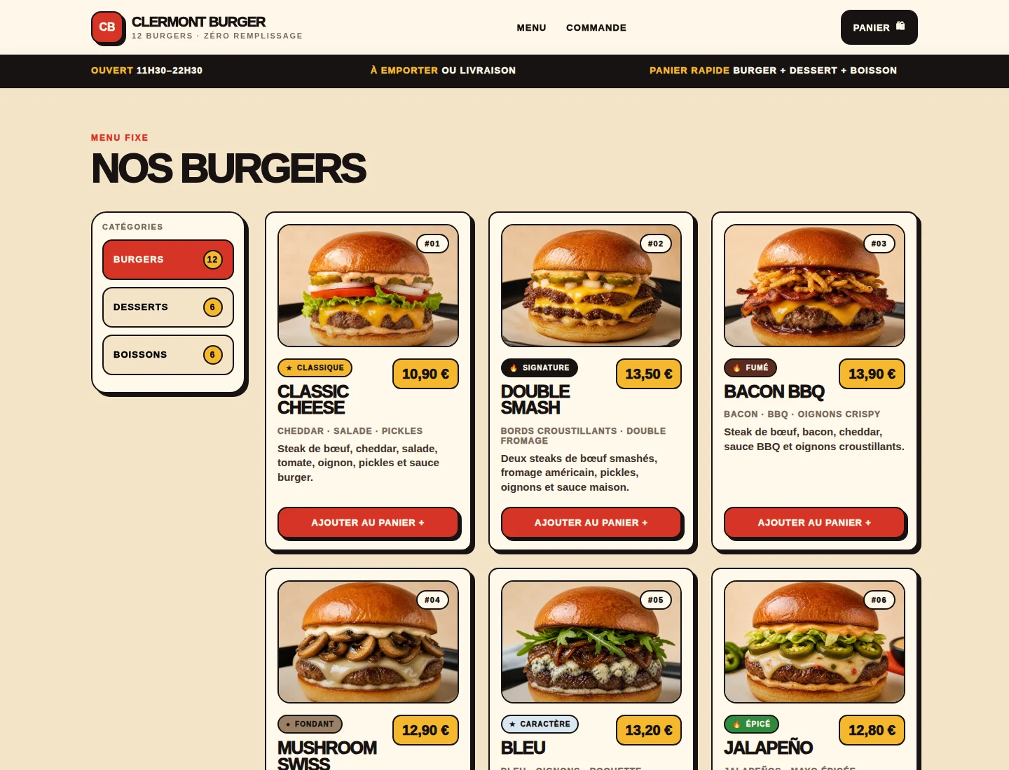 Section de mise en avant du burger signature sur le site Clermont Burger House.