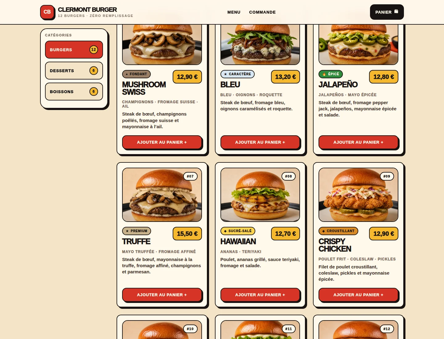 Grille de burgers avec photos, prix et boutons d'ajout au panier.