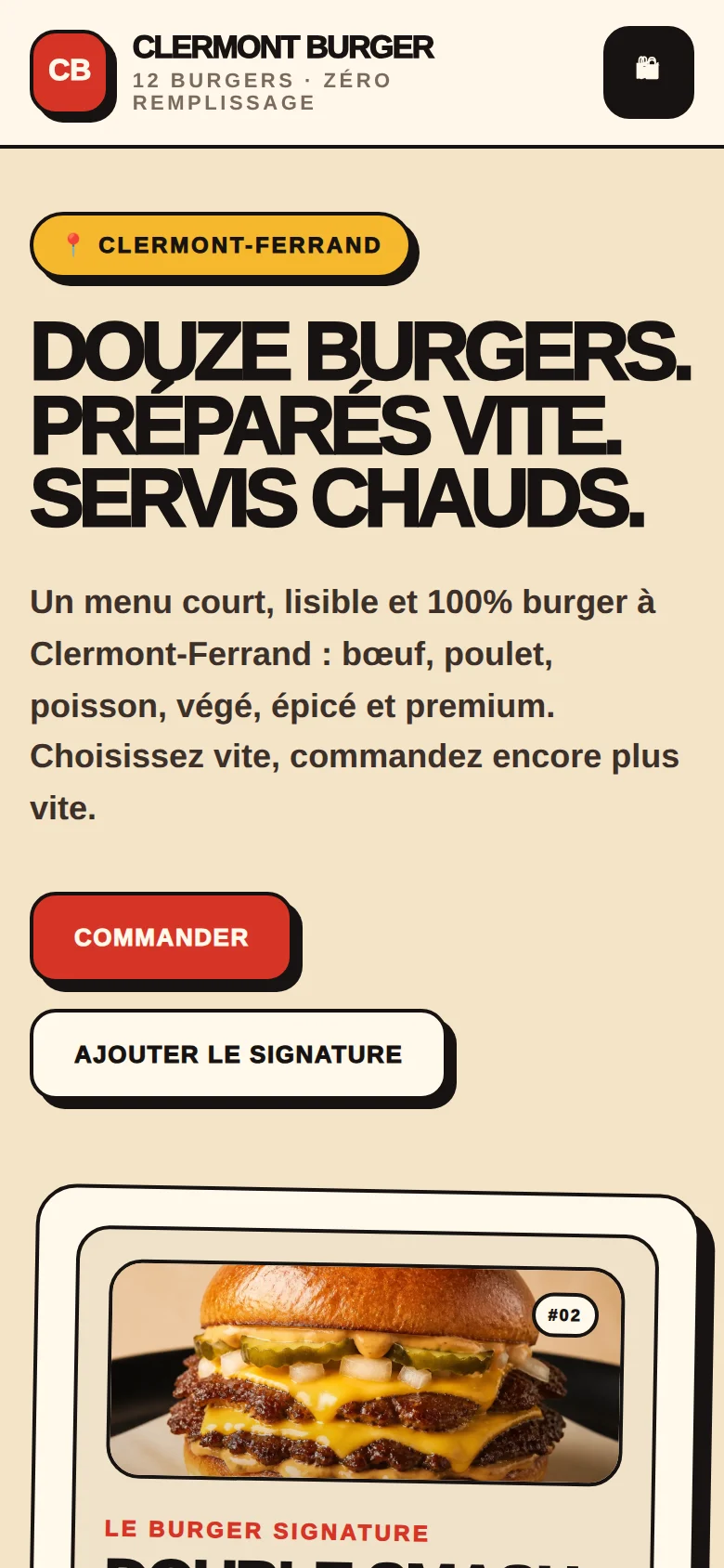 Version mobile du premier écran de Clermont Burger House.