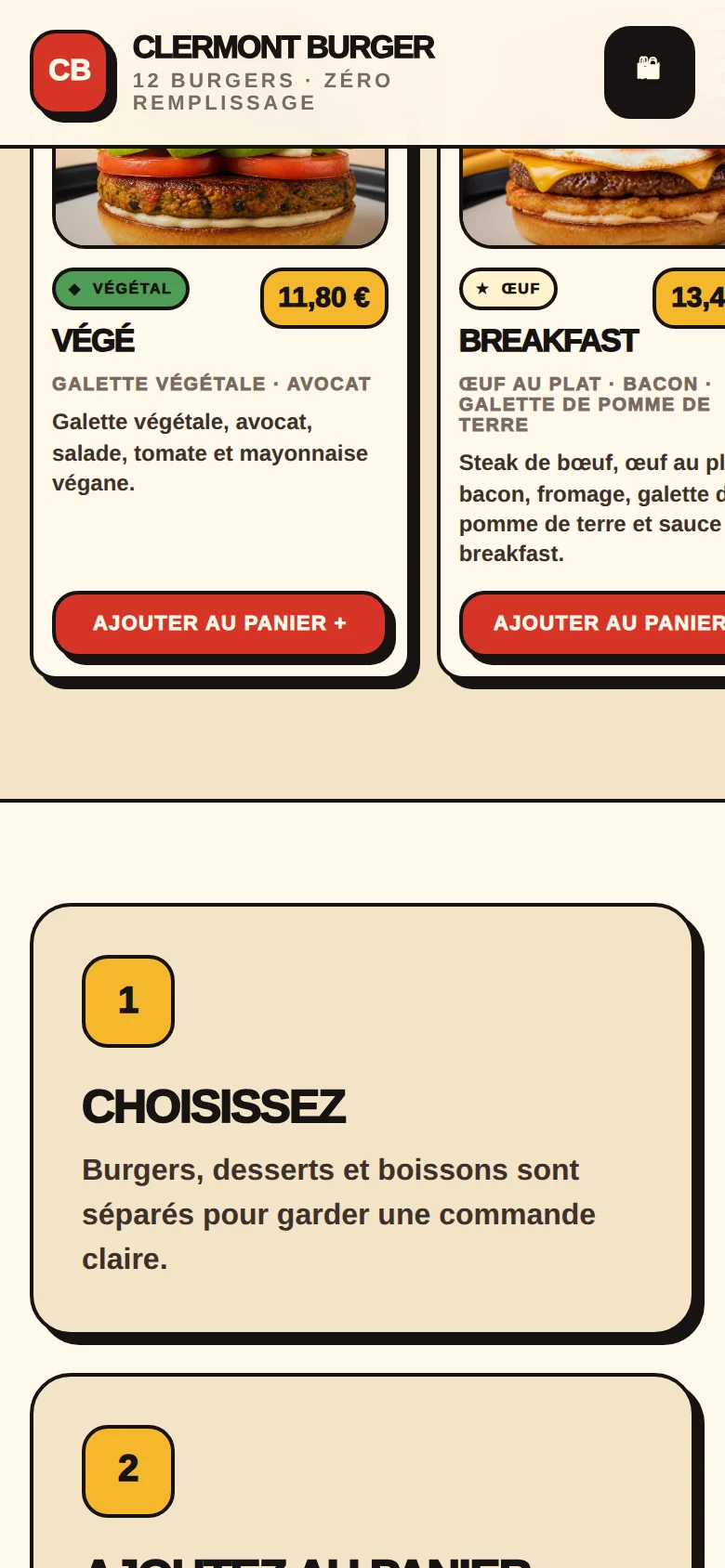 Section mobile de commande avec panier et recommandations.