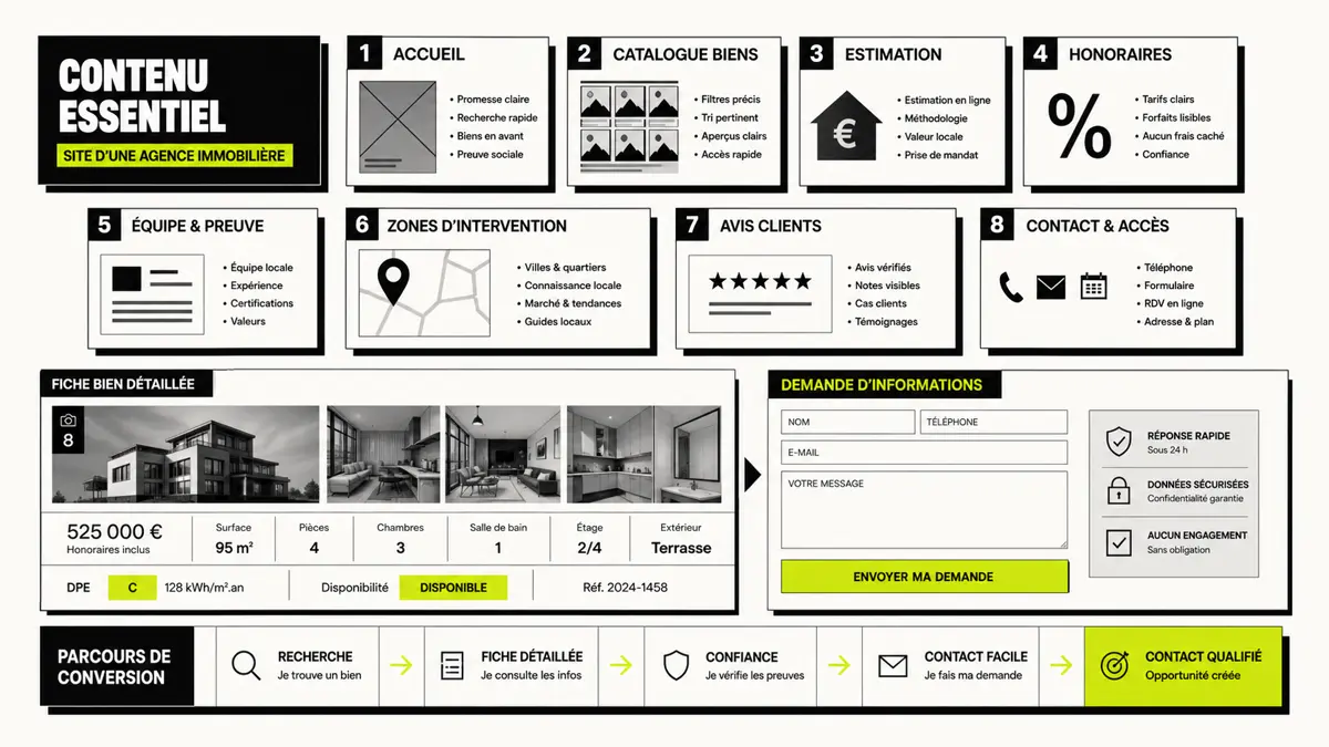 Illustration création site web immobilier avec parcours agence, annonces et demandes de mandat