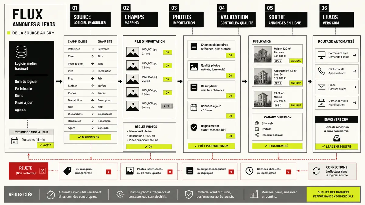 Illustration création site web immobilier avec parcours agence, annonces et demandes de mandat