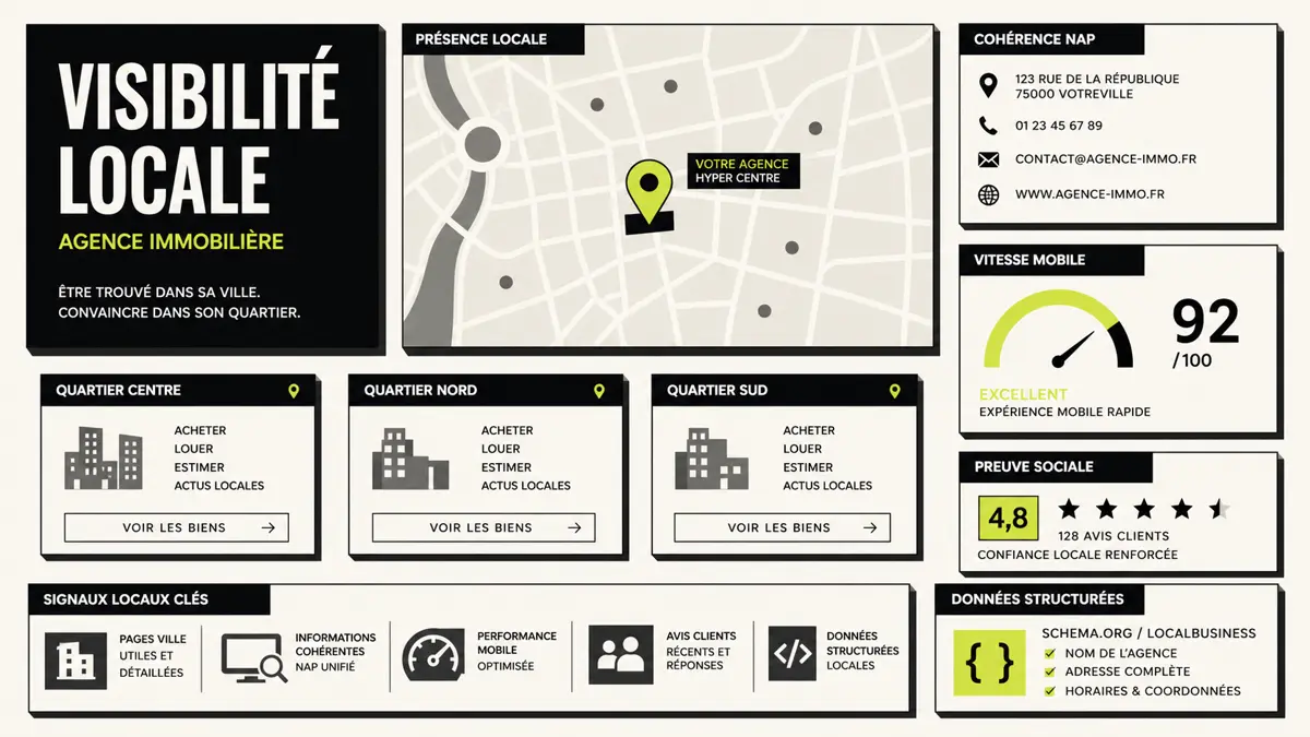 Illustration création site web immobilier avec parcours agence, annonces et demandes de mandat