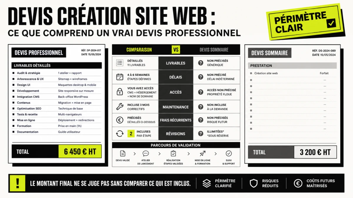 Tableau de comparaison pour un devis création site web professionnel