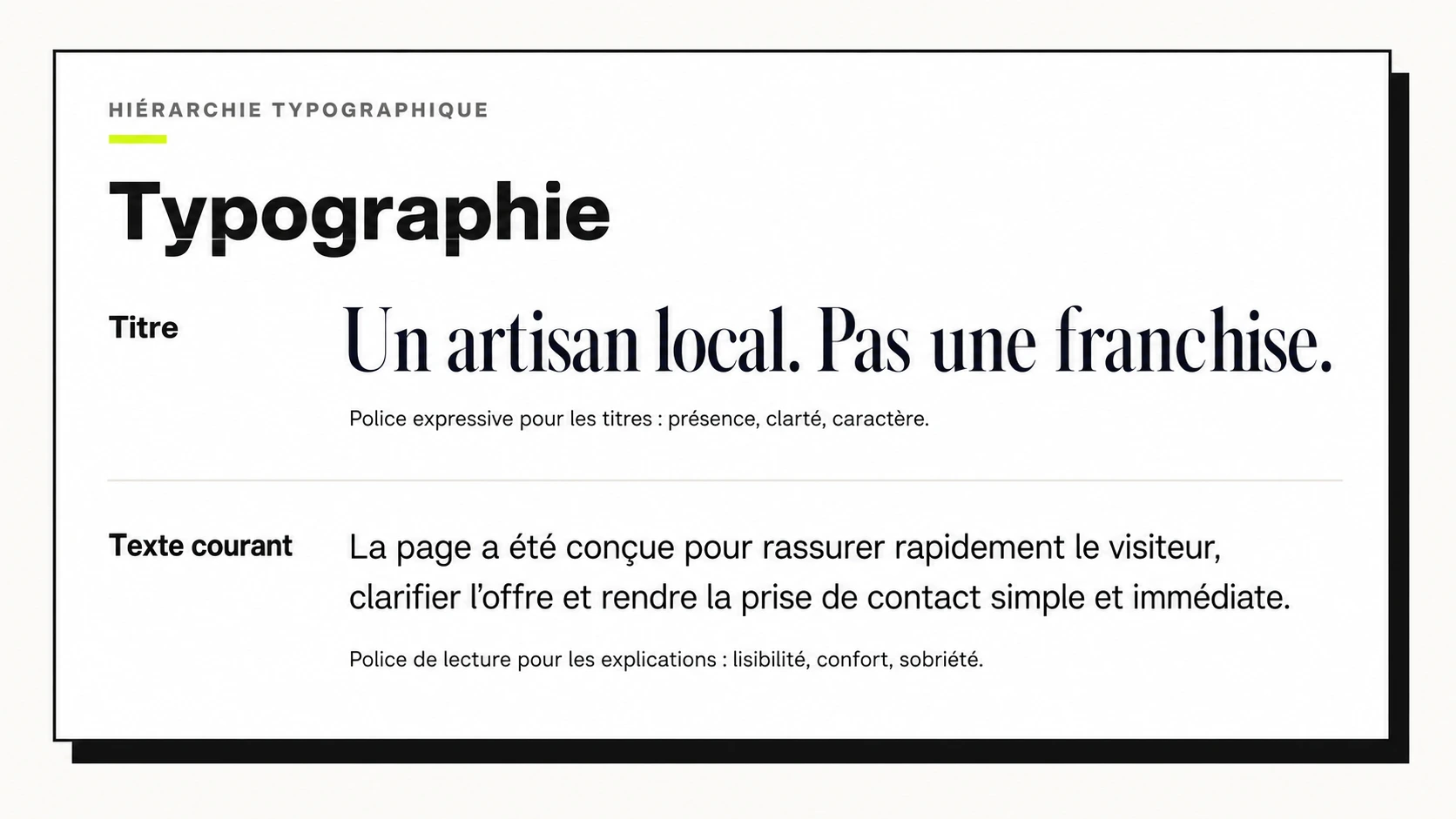 Exemple de hiérarchie typographique pour rendre une page d’artisan lisible et professionnelle