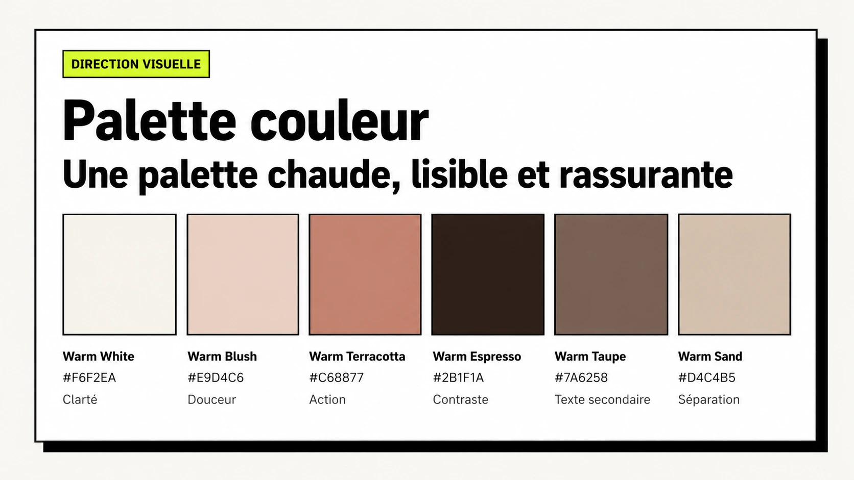 Palette de couleurs douce et premium utilisée pour créer une ambiance beauté rassurante