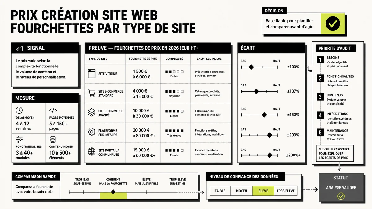 Illustration prix création site web pour les fourchettes du prix création site web par type de site