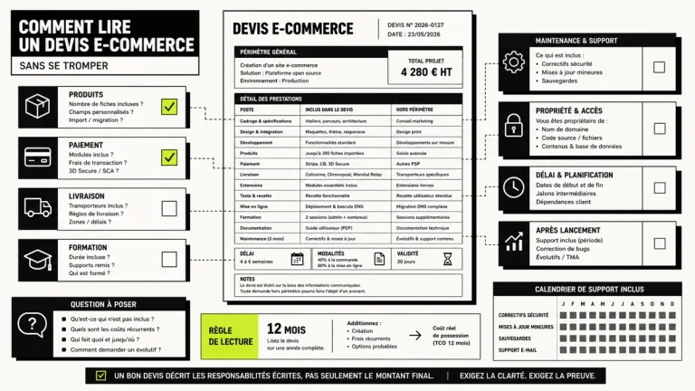 Illustration prix site e-commerce avec budget initial et frais mensuels