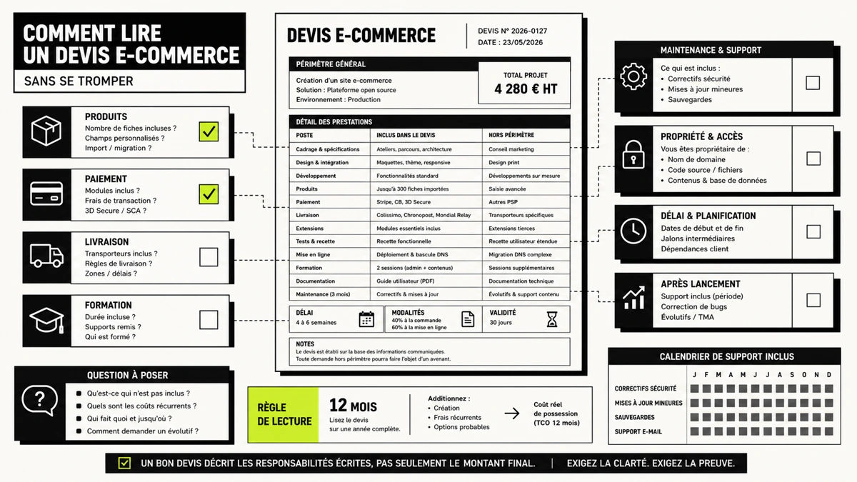 Illustration prix site e-commerce avec budget initial et frais mensuels