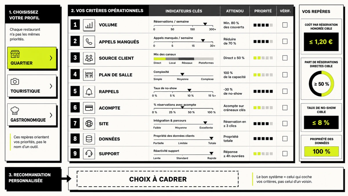 Illustration réservation en ligne restaurant avec parcours site, Google et outil métier