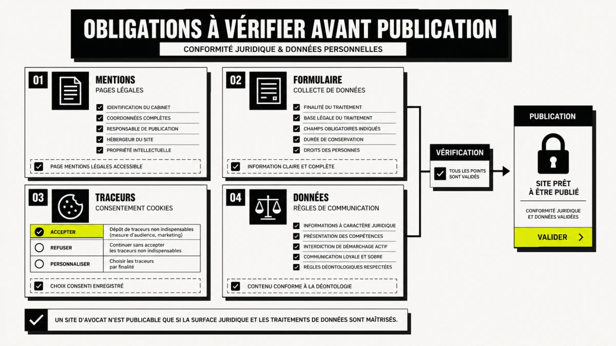 Illustration site internet avocat avec pages de cabinet et parcours de contact