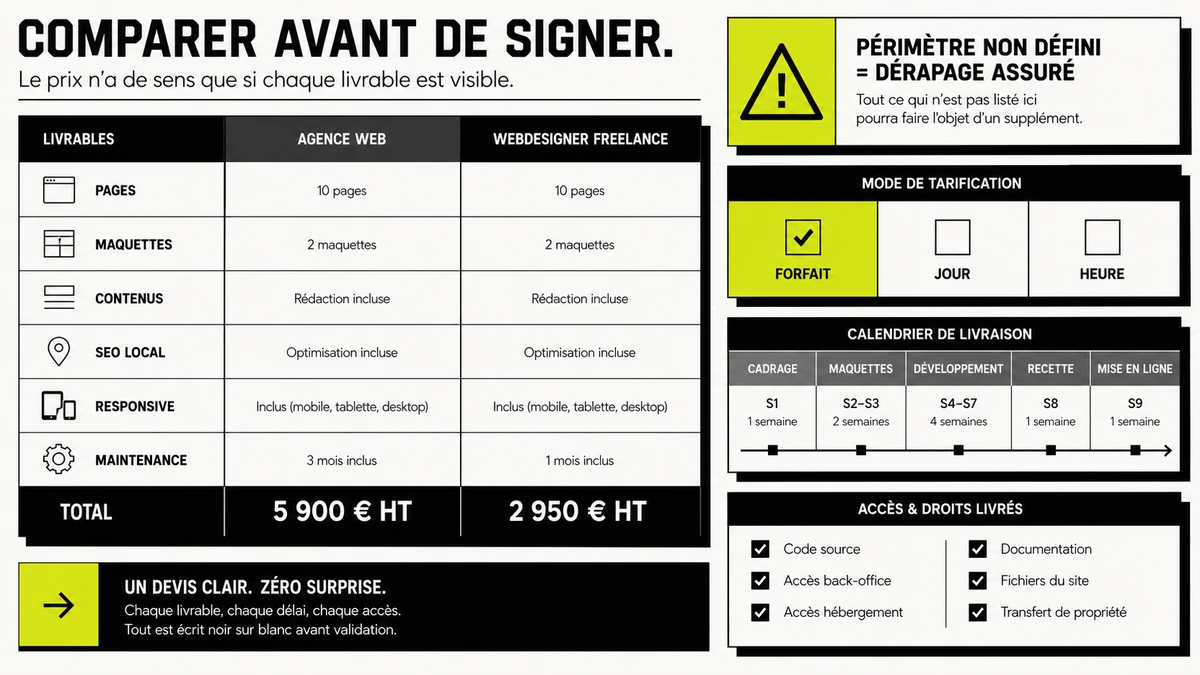 Illustration webdesigner freelance comparant agence web et freelance