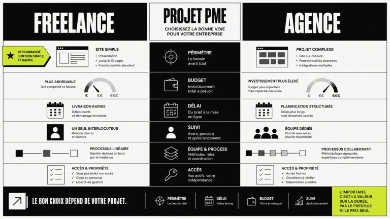 Illustration webdesigner freelance face à une agence digitale pour PME