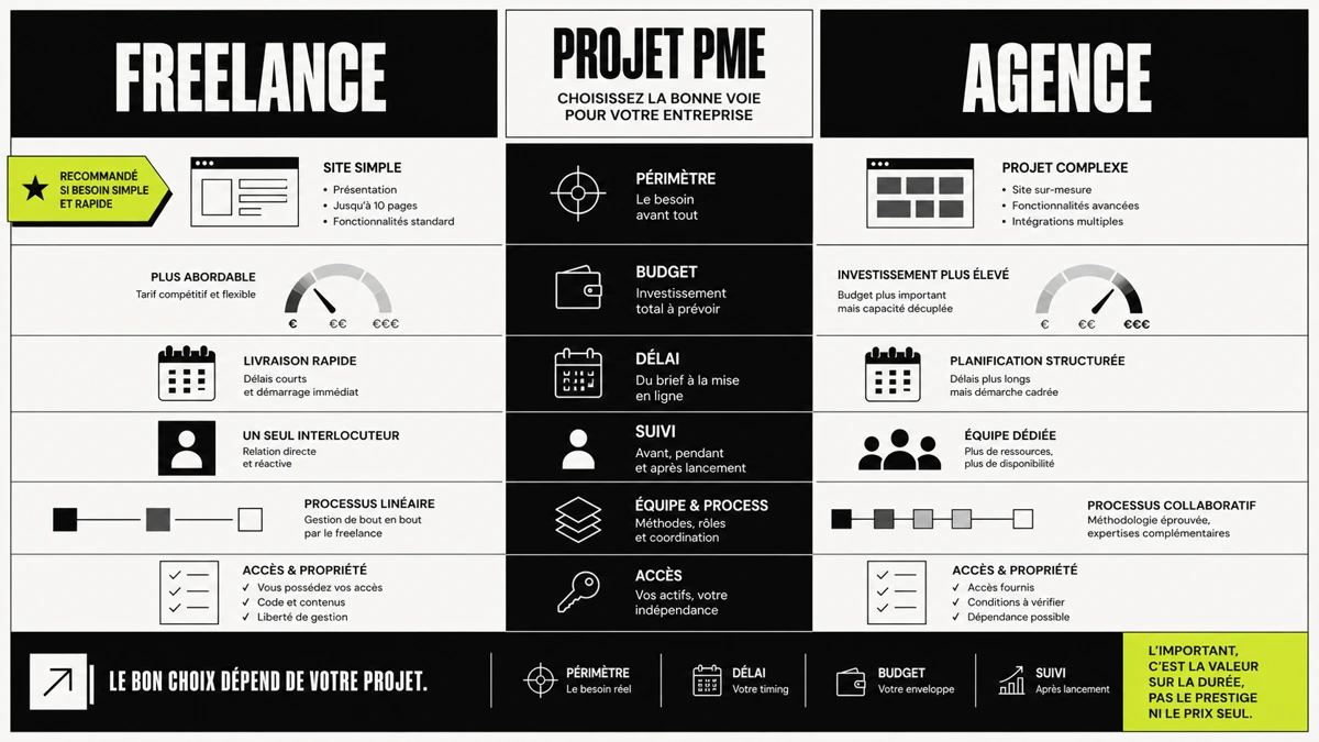 Illustration webdesigner freelance face à une agence digitale pour PME
