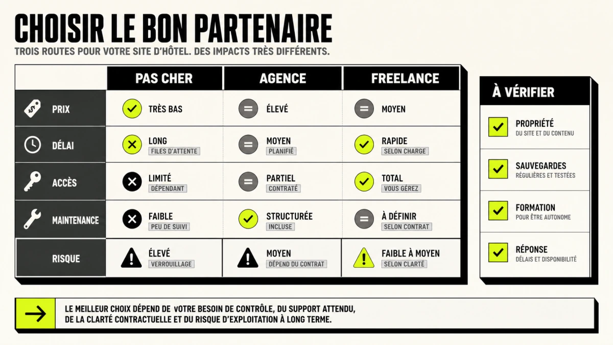 Illustration création site web hôtel avec budget, réservation directe et coûts cachés