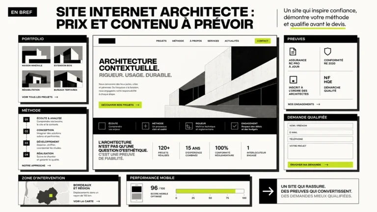 Illustration site internet architecte avec portfolio, preuves et demande de devis