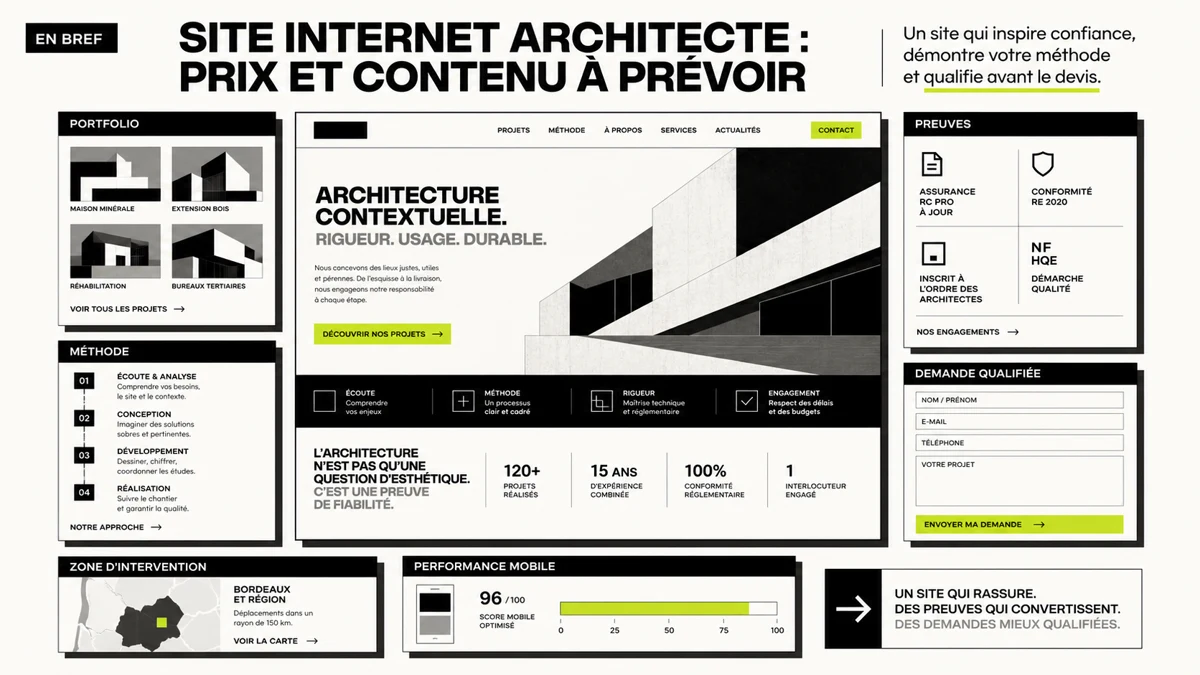 Illustration site internet architecte avec portfolio, preuves et demande de devis